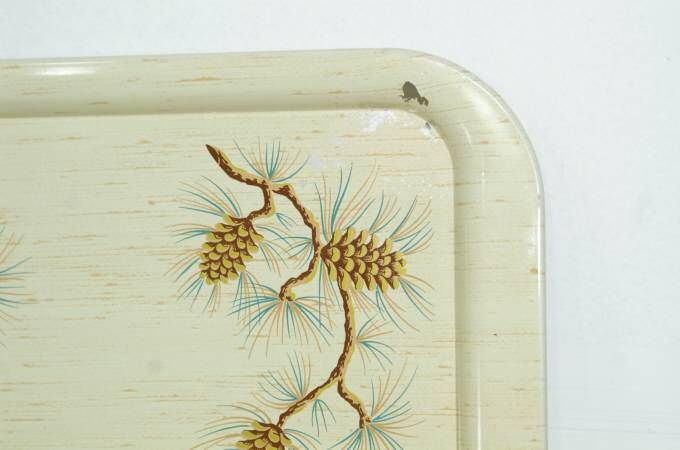   of 7 Vintage 50s Retro Metal Tin Cabin Serving Bed Trays Pine Cone