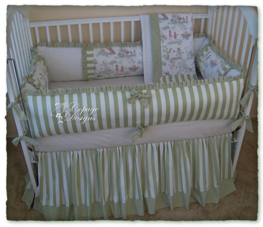 OVER THE MOON TOILE GREEN STRIPE BABY CRIB BEDDING SET  