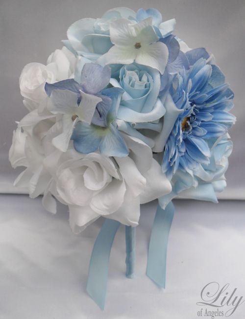 made with one white rosebud accented with light blue ribbon