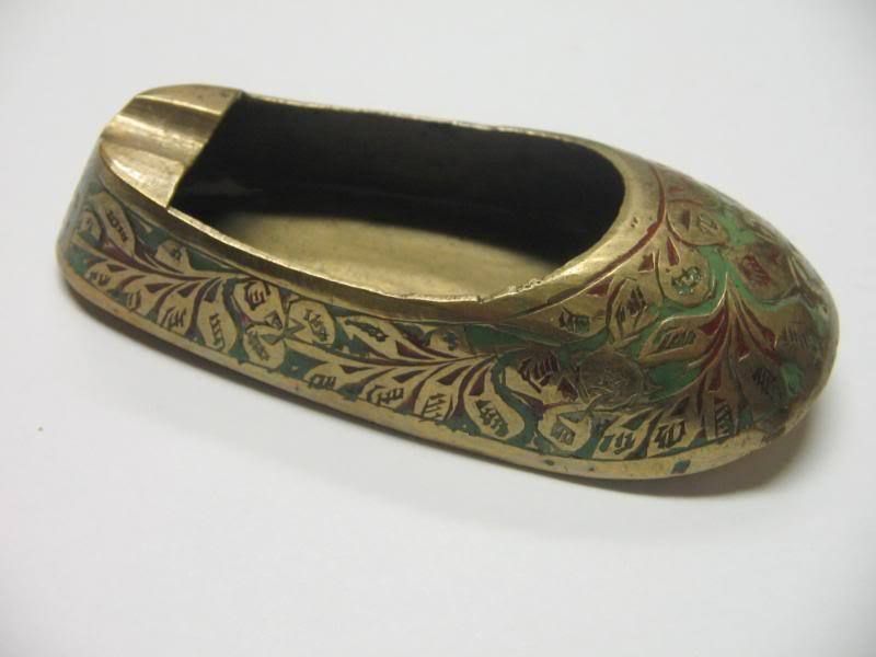 Vintage Brass India Carved Enamel Shoe Slipper Ashtray  