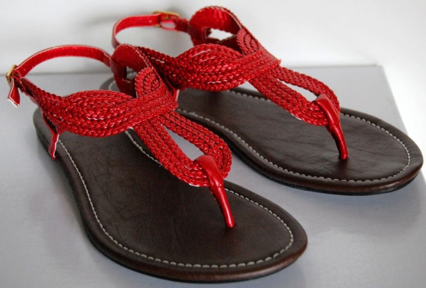   red braided strap thong slingback flat comfort open toe sandals  