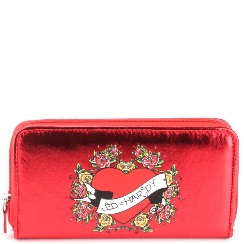 Ed Hardy Red Floral Laurel Zip Around Wallet  