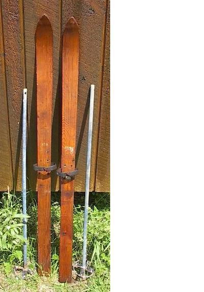 VINTAGE Wooden Skis 47 Wood Skiis + Bamboo Ski Poles  