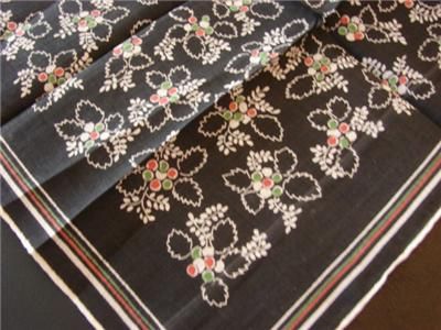 VINTAGE HANDKERCHIEF BLACK MOURNING FLORAL BERRIES LEAVES HAND ROLLED 