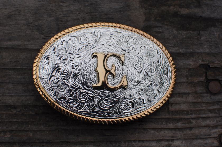 Belt Buckle Initial E Silver and Gold Plate Aminco  