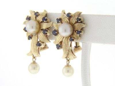 VINTAGE 14K YG GENUINE PEARL & SAPPHIRE FLOWER EARRINGS  