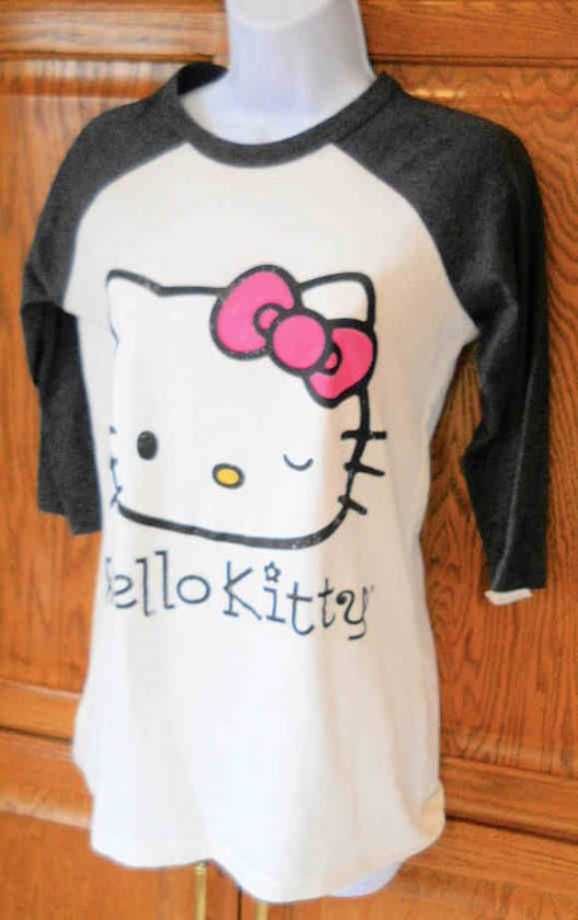 HELLO KITTY~ DISTRESSED PINK BOW GRAY SLEEVES WINK RAGLAN  