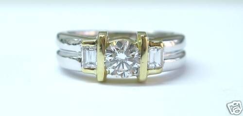Fine 18KT Round Cut & Baguette Diamond Ring Two Tone  