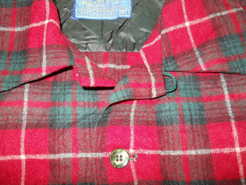   50s PENDLETON LOOP COLLAR WOOL RED PLAID MENS BUTTON DOWN SHIRT MED M