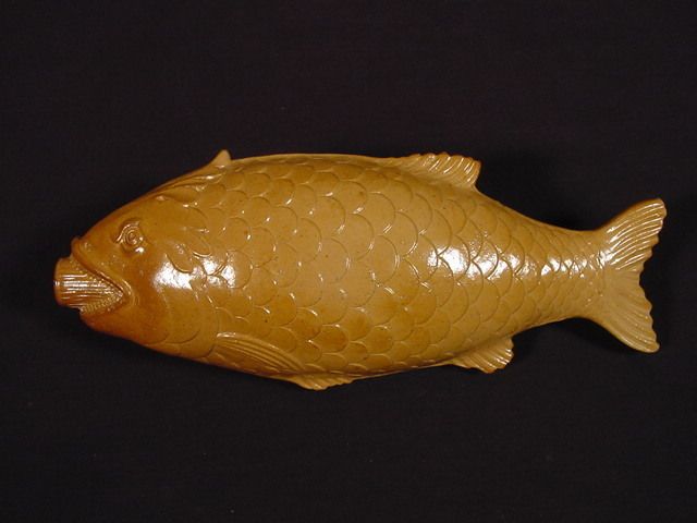 RARE 1800s LARGE FISH FLASK YELLOW WARE STONE WARE  