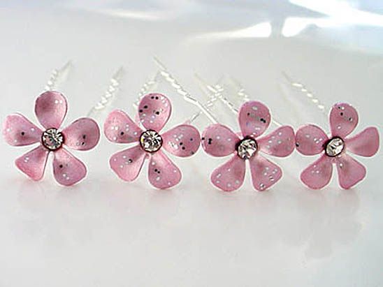 Pearl Pink Bridal Flower Crystal Hair Pin ~ Set of 4 ~  