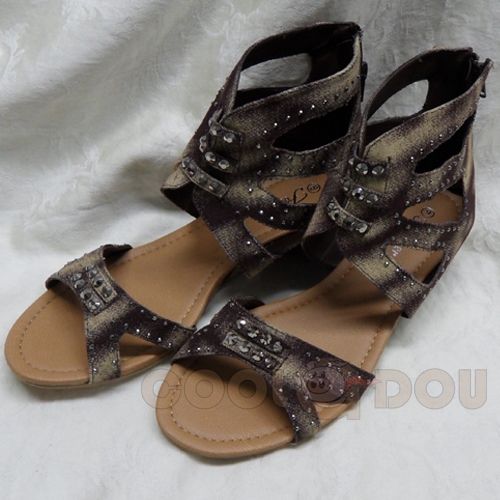 Fashion Ladies Wedge Flat Sandal Washed Denium Brown  