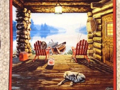 New Lake House Cabin Woods Porch Country Dog Fabric Panel VIP 23 1/2 