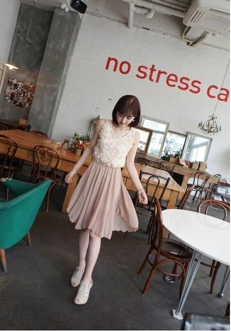 Japan new style Vintage sweet beige&pink Rose lace chiffon girl dress 