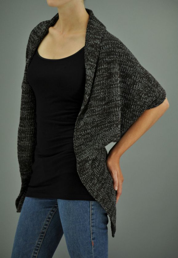 MM APPAREL Grey Brown Black Fly Away Uneven Hem Cable Knit Wrap 