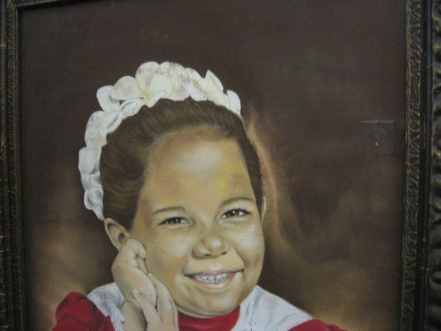 Antique Frame & Chalk Drawing Of Little Girl In Red  