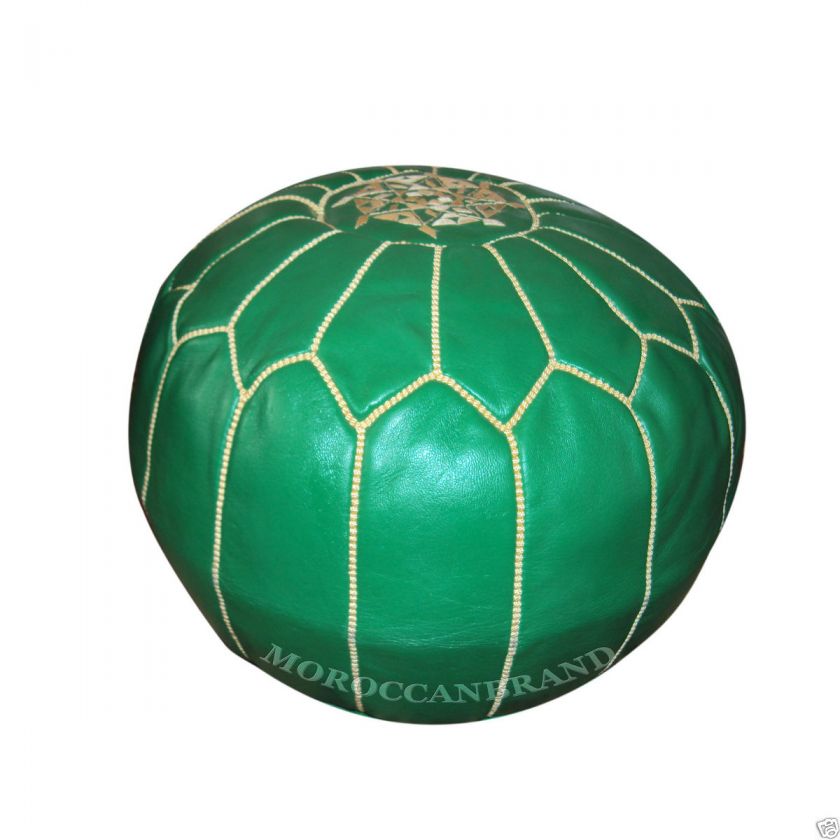 Green Moroccan Pouf Ottoman Footstool Poof Pouffe of Genuine leather 