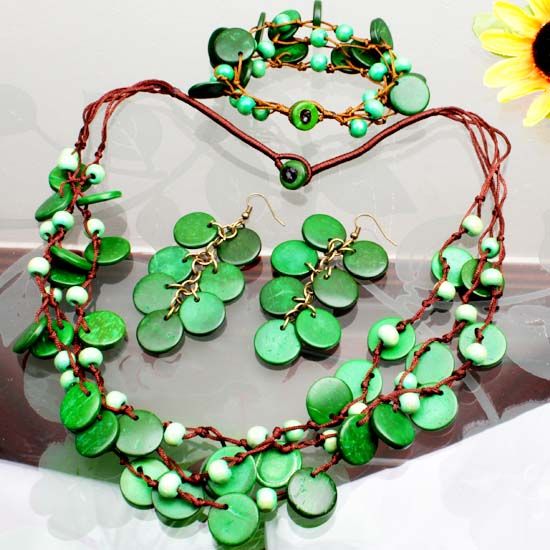 Green Coconut Shell Necklace Bracelet Earrings ~~1 SET  