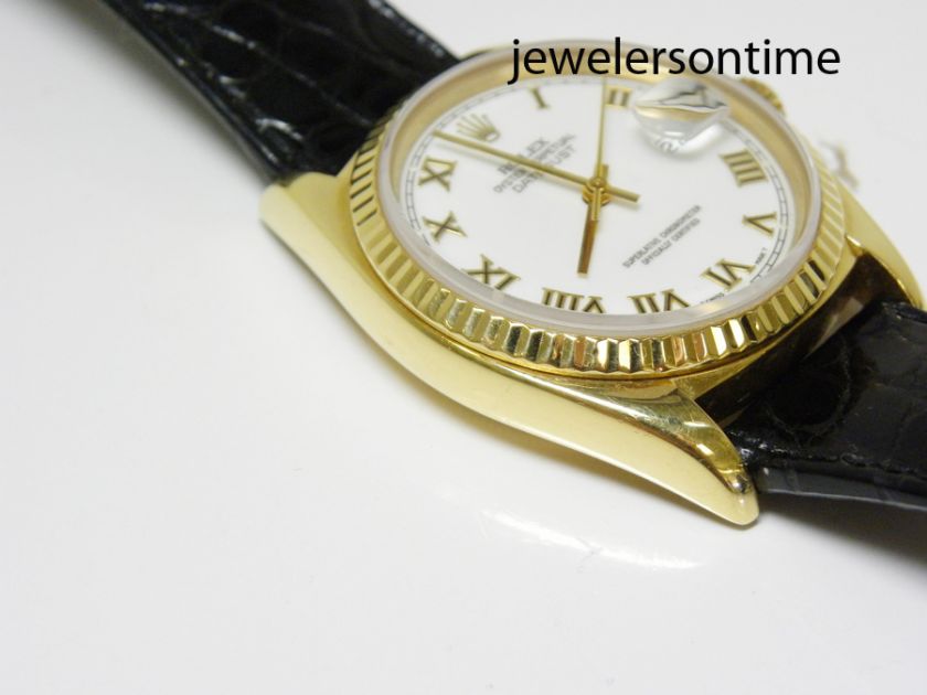   18K YG Datejust. White Bold Roman. Leather strap. ref# 16018  