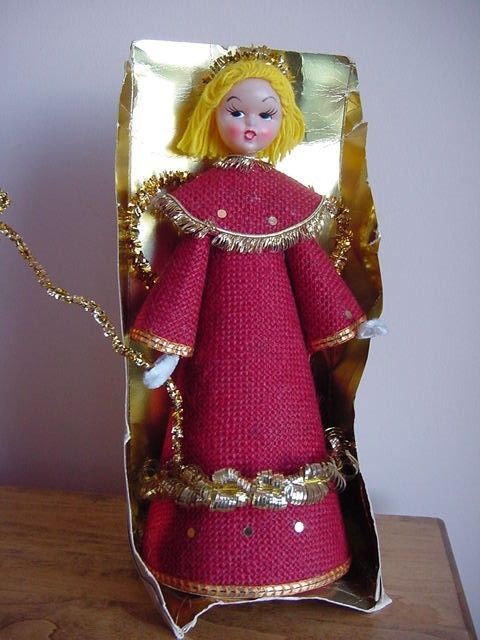 12 Vtg Retro CHRISTMAS TREE Topper ANGEL red burlap +  