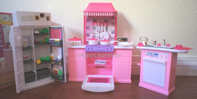 GLORIA DOLL FURNITURE Dulexe KITCHEN W/REFRIGERATOR & Sink FOR Barbie 