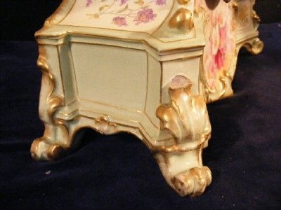 ANTIQUE ANSONIA MANTEL CLOCK WITH ROYAL BONN CASE   FLORAL PORCELAIN 