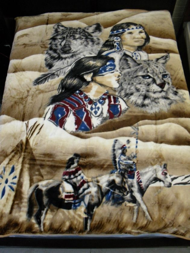 QUEEN BLANKET INDIAN WOLF BEIGE SUPER SOFT NEW   