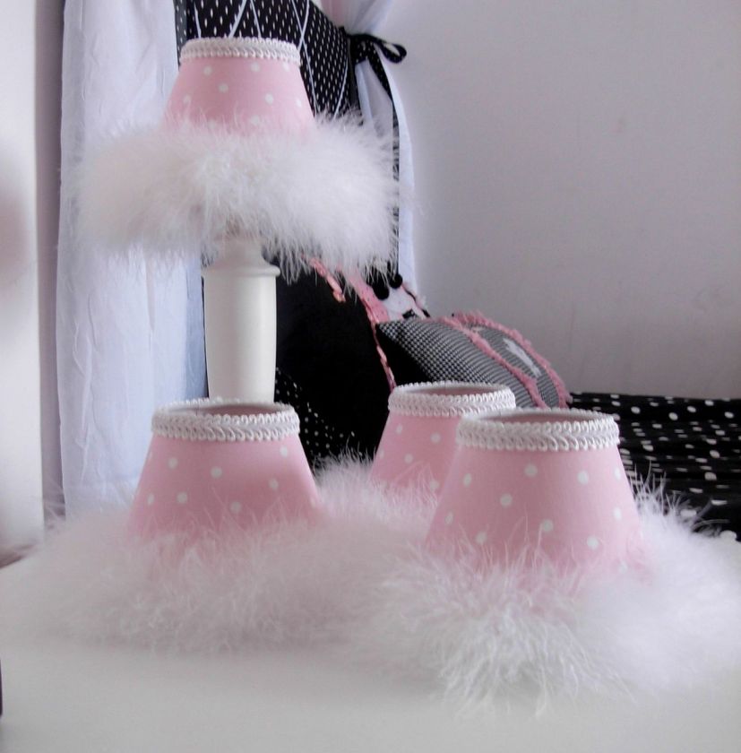 Child Chandelier Lamp Shades Pink White Polka Dots & Fluffy Boa Baby 