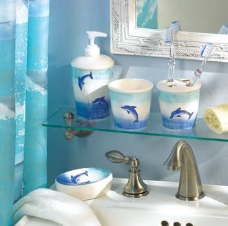 pc DOLPHINS BATHROOM ACCESSORY SET w/ SHOWER CURTAIN  