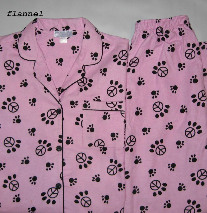 Womens Winter Flannel Pajamas Dog Cat Paw Print Peace Sign Size S M L 