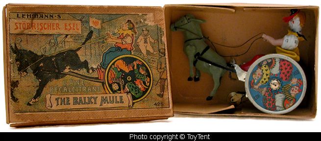   Balky Mule tin wind up clown with cart & donkey   boxed   Germany 1903