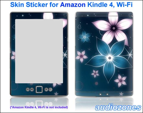   Sticker Art Decal Blue Flower Design for  Kindle 4 Wi Fi Reader