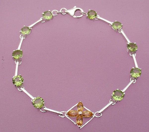 Citrine Emerald Gemstone Bracelet Sterling Silver 7.5  