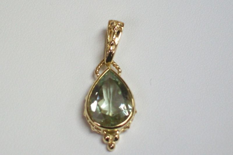 14K Yellow Gold Pear Shape Bezel Set Green Amethyst Pendant  