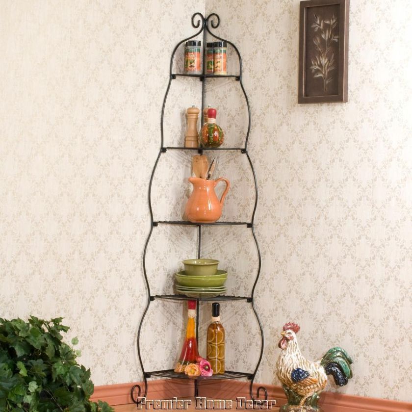 Iron Scroll Black Corner Bakers Rack Storage Shelves  