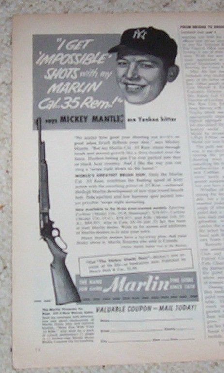 53 baseball MICKEY MANTLE Marlin firearms gun PRINT AD  