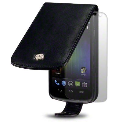   LEATHER FLIP CASE FOR SAMSUNG GALAXY NEXUS + LCD GUARD   BLACK  