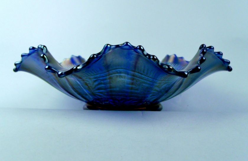   by NORTHWOOD ~ COBALT BLUE CARNIVAL GLASS 9 EIGHT RUFFLE BOWL  