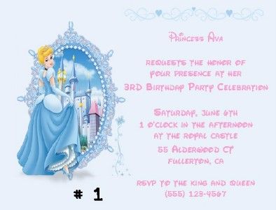 10 CUSTOM DISNEY PRINCESS CINDERELLA INVITATIONS  