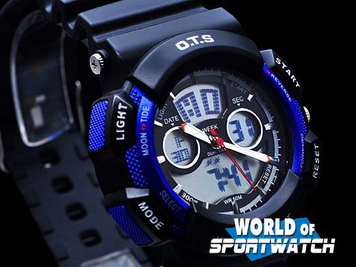 OTS New 12/24Hrs Day Date 5ATM Sport Watch Men Boy Blue  