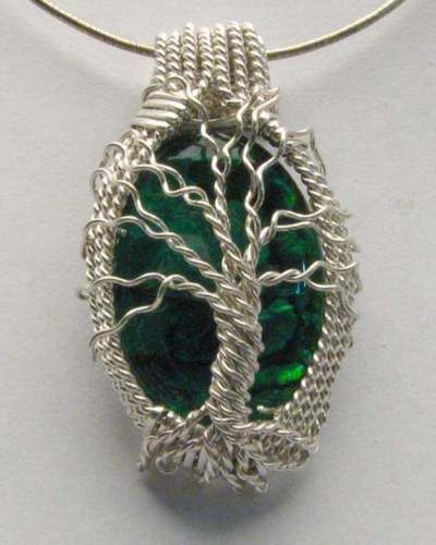 Wire Wrap Sterling Silver Green Paua Shell Pendant  