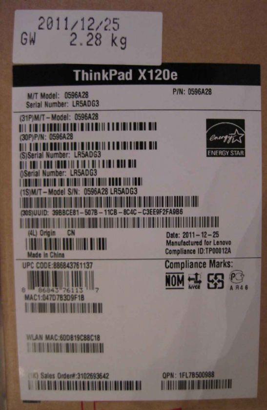 LENOVO THINKPAD X120E 0596A28 ULTRA PORTABLE NOTEBOOK E 350 1.6GHz 